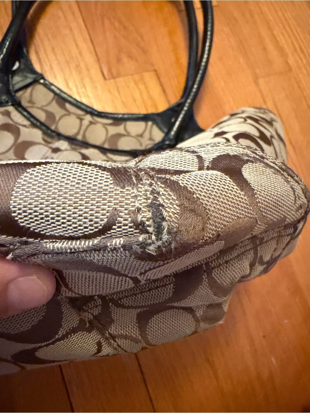Coach Khaki and Brown Signature Canvas Tote with Black Leather Handles